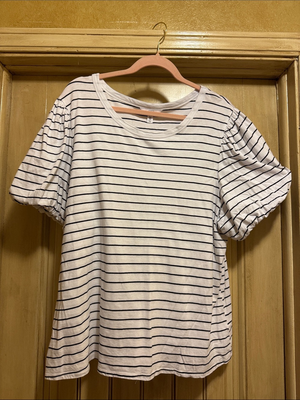 Time and Tru White and Black Striped Puff-Sleeve Tee